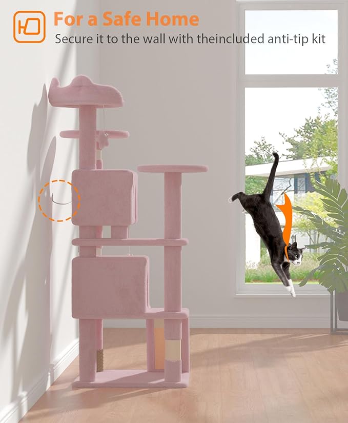 54" Cat tree Tower for Indoor Cats Large Adult,Cute/Tall Modern Cat Tree for Big Cats 20 lbs,Plush Multi-Level Cat Condo with Scratching Posts, Dangling Ball for fun play (Soft Pink, 54 inch)-PurrikoPets