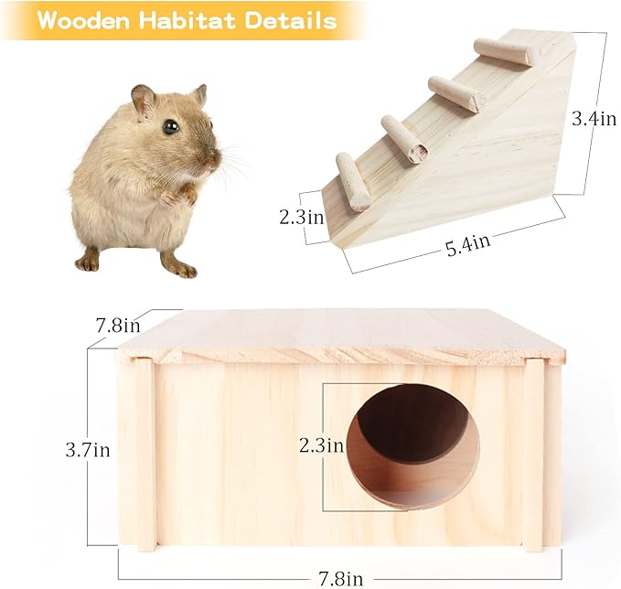 Fhiny Wooden Hamster Hideout for Small Animal, Gerbils Chamber Hut with Ladder Habitats Decor, Maze Climbing Toys for Dwarf Syrian Hamsters Mice and Other Small Pets-PurrikoPets