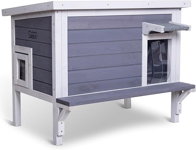 GEGURI Insulated Cat House Outdoor Weatherproof Feral Cat Shelter for Winter Large Wooden Enclosure with Escape Door-PurrikoPets
