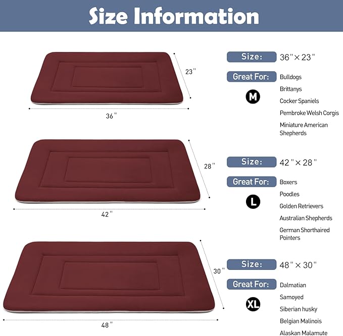 JoicyCo Dog Bed Soft Dog Crate Bed Pad Mat, 36 in Non Slip Bottom Washable Dog Beds for Medium and Large Dogs, Pet Bed Mattress Kennel Pad, Dark Red-PurrikoPets