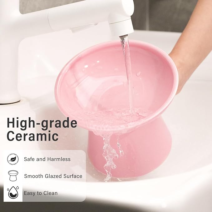 Extra Wide Elevated Ceramic Cat Bowl, 6.2" Shallow Dish for Whisker Fatigue Relief, 5" Height for Easy Feeding, Durable Raised Cat Food Bowls, Pack of 2, Pink-PurrikoPets