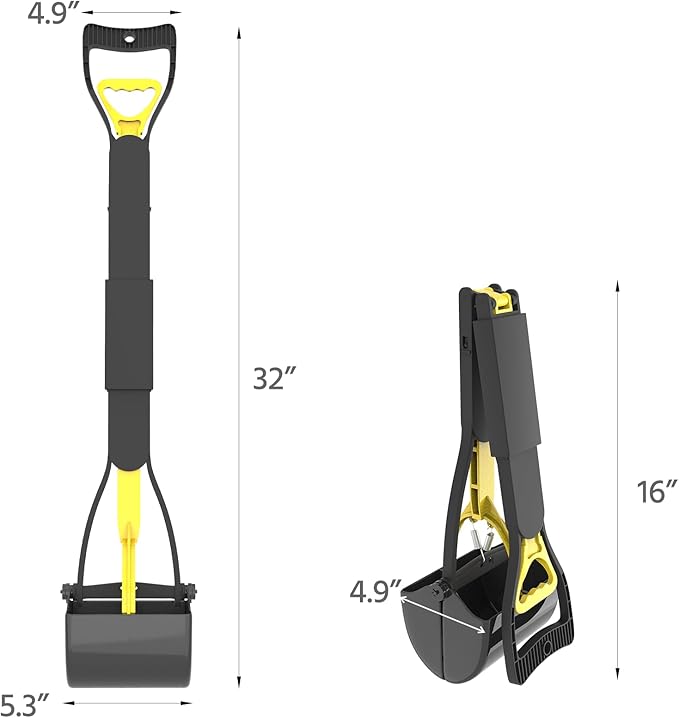 32" Heavy Duty Dog Pooper Scooper for Large Dogs, Extra Long Handle Foldable Poop Pick Up Tool with Durable Spring, Great for Yard, Lawns, Grass, Dirt, Gravel-PurrikoPets