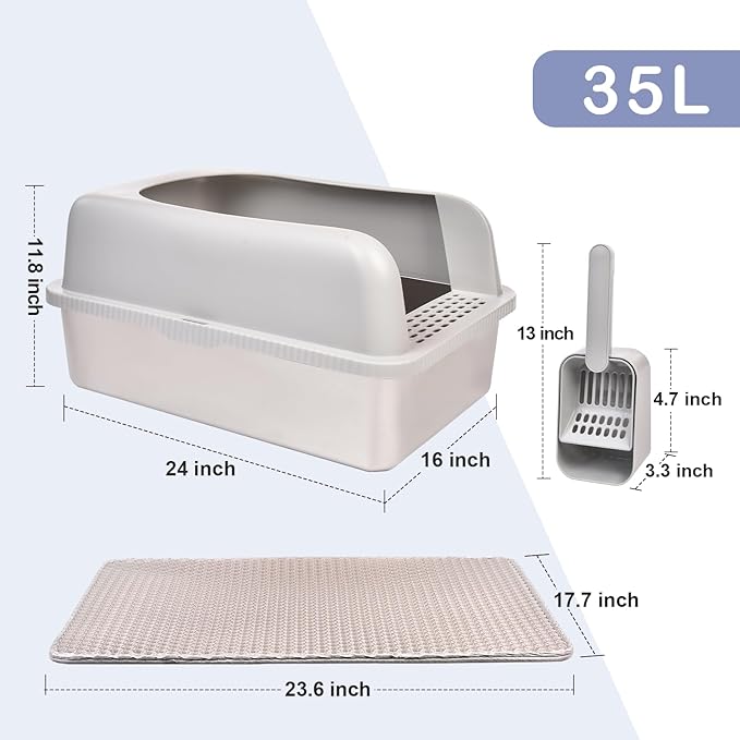 2 Pack Stainless Steel Cat Litter Box with Lid, 24" L x 16" W x 11.8" H, Extra Large Litter Box for Big Cats with High Sided, Anti-Urine Leakage, Easy Cleaning, Include Cat Mat and Scoop-PurrikoPets