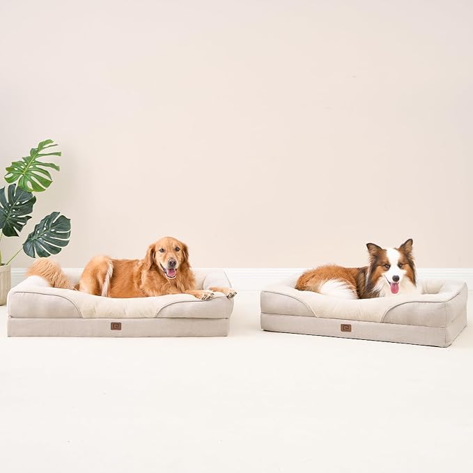 EHEYCIGA Memory Foam XL Dog Bed for XLarge Sized, Extra Large Orthopedic Dog Sofa with Sides and Waterproof Liner, Washable Bolster Pet Bed Couch with Removable Cover, 42x30x7.5 Inch, Beige-PurrikoPets