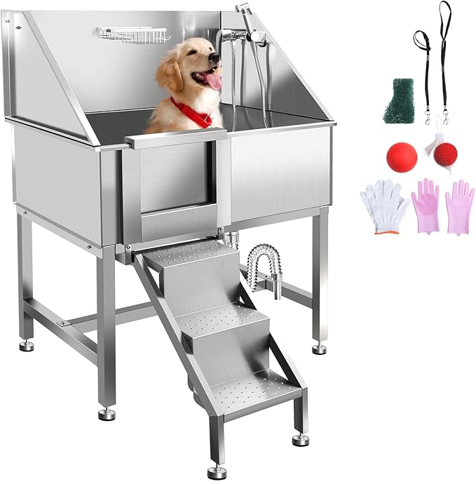 38" Pet Dog Bathing Station W/Ramp, Professional Stainless Steel Dog Grooming Tub W/Floor Grate, Faucet, Dog Bathtub for Large,Medium, Small Pets, Washing Sink for Home,L-RAMP-PurrikoPets