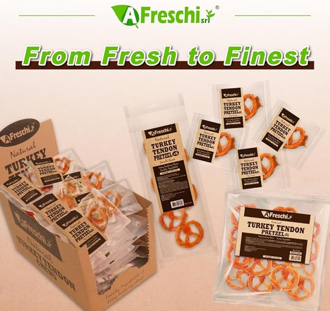 Afreschi Natural Turkey Tendon Pretzel (S) Pack of 4, Dog Treats for Signature Series, All Natural Human Grade Puppy Chew, USA-Sourced Turkey Tendon, Hypoallergenic, Rawhide Alternative-PurrikoPets