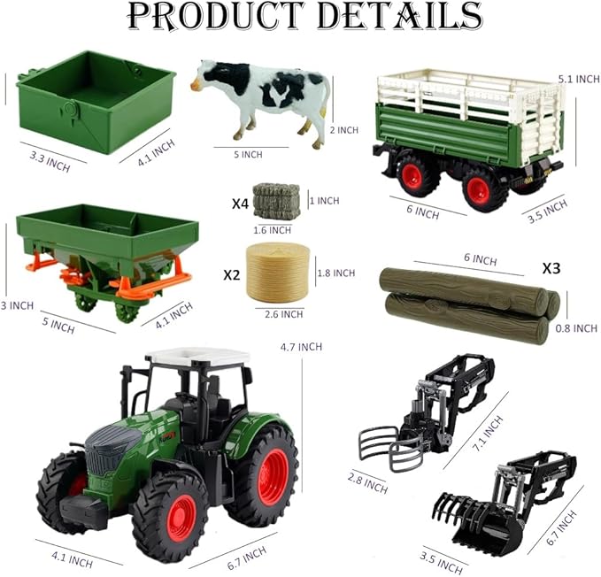 Farm Toys Tractor with Trailer-16.5 Inches Tractor Playset 1/24 Scale Gripper Frontloader Spreader for Boys Kids Toddlers Age 3-7 Years Old-PurrikoPets