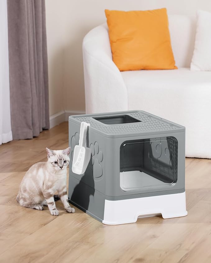 Enclosed Cat Litter Box, Large Litter Box for Big Cats, Covered Kitty Litter Boxes with Lid, Top Entry Cat Box Enclosure with Scoop, Odor Control, Easy to Clean(Grey)-PurrikoPets