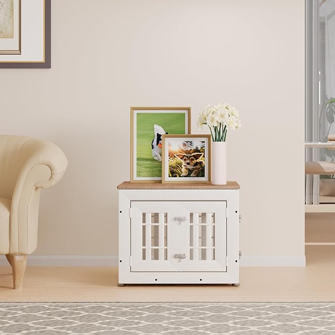 26" Heavy Duty Dog Crate Furniture for Small,Medium and Large Dogs,Rustic Wooden Dog Cage Kennel Indoor Furniture with Waterproof Top,Decorative Pet House Side End Table (White & Wood)-PurrikoPets
