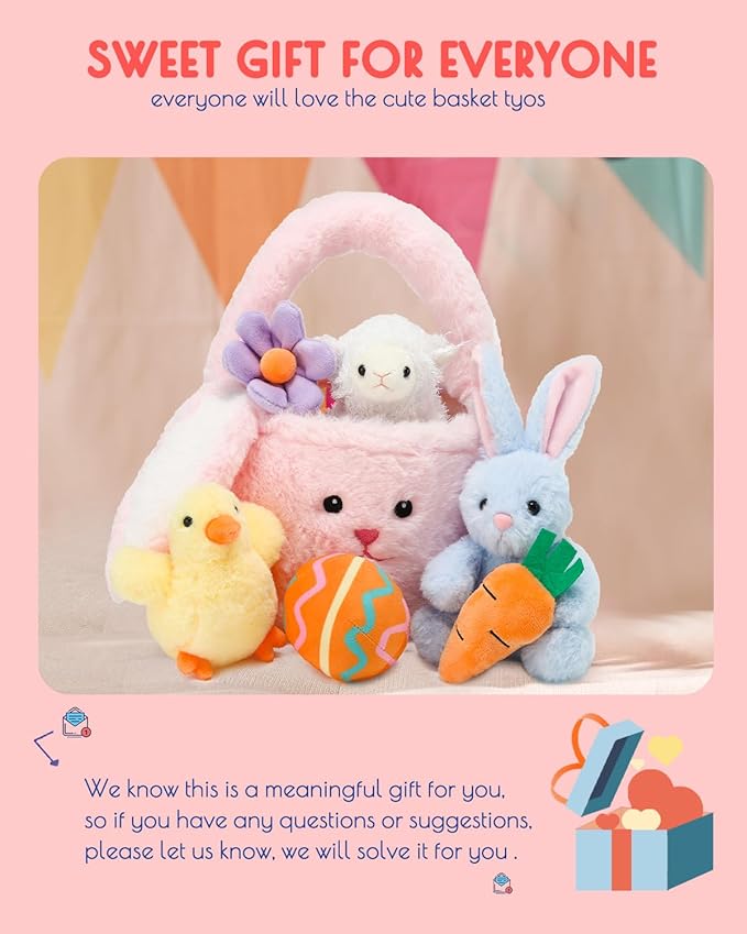 7 Piece Plush Stuffed Animals Playset Toys with Rabbit, Chick, Lamb, Carrot, Egg, Flower, Furry Bag, Soft Basket Set Toys for Girls Kids Ages 3+, Birthday Christmas Valentines Easter Party Favors-PurrikoPets