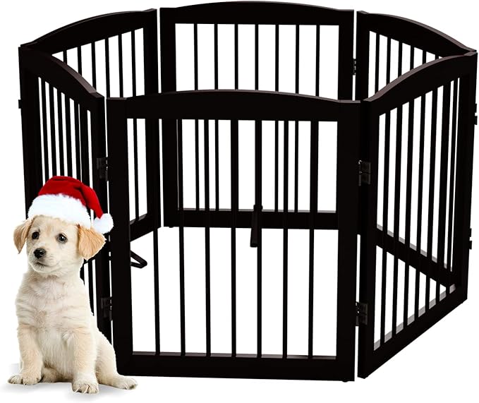 Freestanding Pet Gate for Dogs, Foldable Wooden Dog Gate for House, Extra Wide Indoor Pet Barrier for Stair, Doorway, Hall, Support Feet Included, 120 Inch Wide, 6 Panels 24", Brown-PurrikoPets
