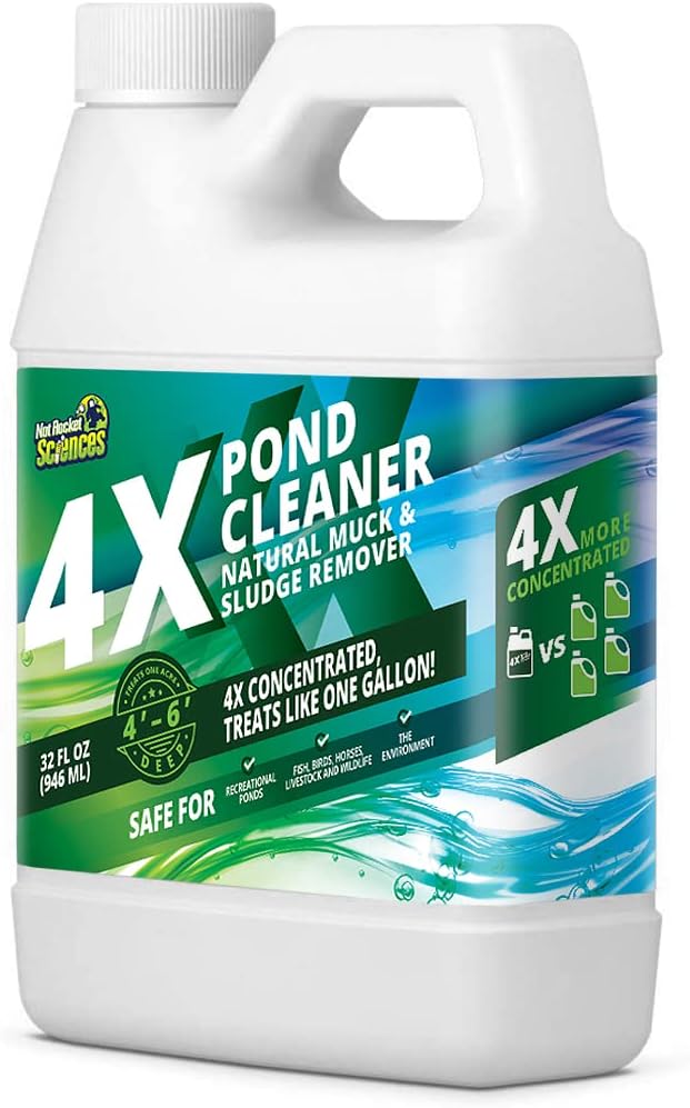 4X Pond Cleaner - Reduces Muck & Sludge for a Clean, Natural Look - Super Concentrated Lake and Water Feature Enzymes Treats Up to 1 Acre, Pair with Dye - Safe for Fish and Wildlife (32 oz)-PurrikoPets