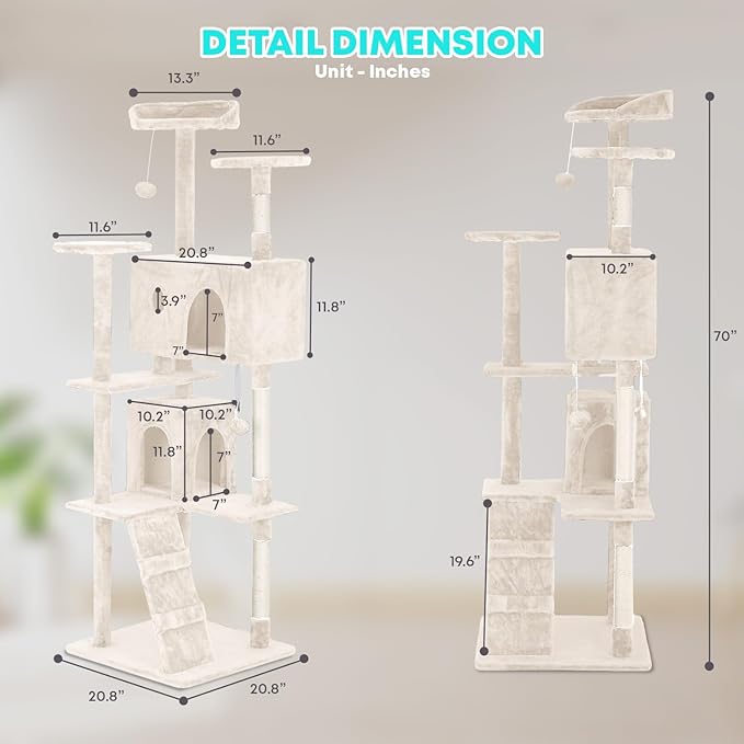 FDW Cat Tree 70in Cat Tower Multi-Level Durable Cat Scratching Post & Cozy Fun Cat Jumping Platform Space Saving Cat Condo Pet Play House for Indoor Cats,Beige-PurrikoPets