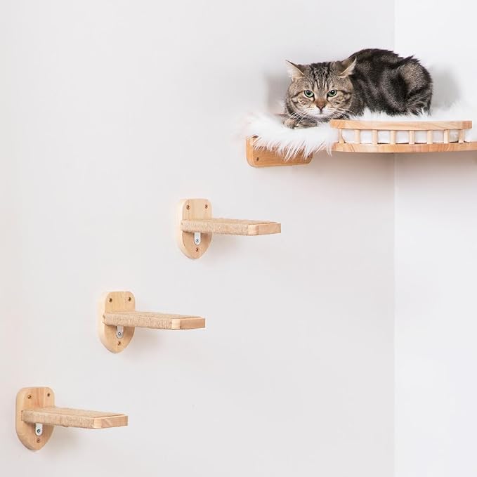 3pcs Cat Wall Steps, Climbing Mounted Furniture, Shelves With Hemp Rope Covered, Solid Wood Ladder for Playing and Climbing (Standard-Wood)-PurrikoPets