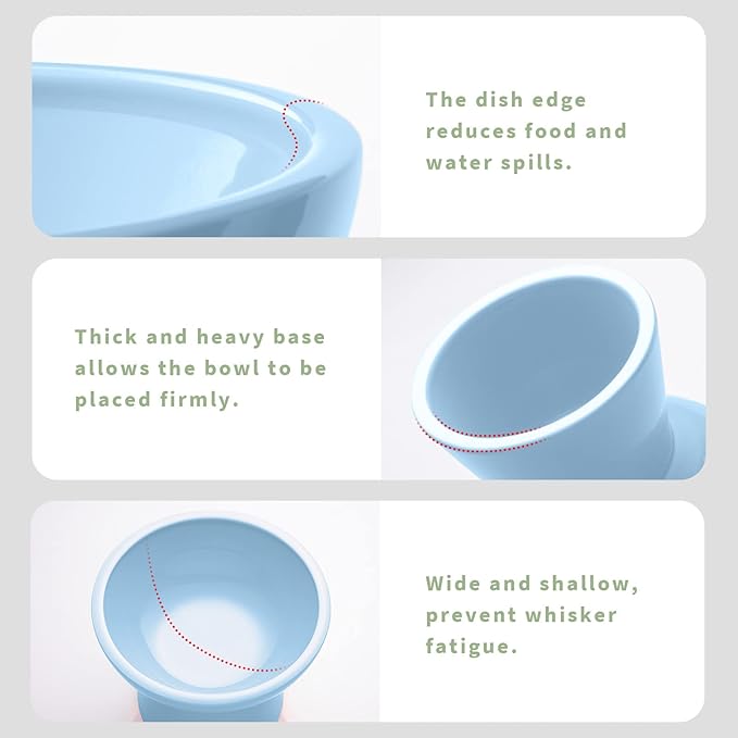 Extra Wide Elevated Ceramic Cat Food Bowl - 6.2" Shallow Dish for Whisker Fatigue Relief, 5" Height for Easy Feeding, Lead & Cadmium Free, Durable Raised Cat Food Bowls, Blue-PurrikoPets