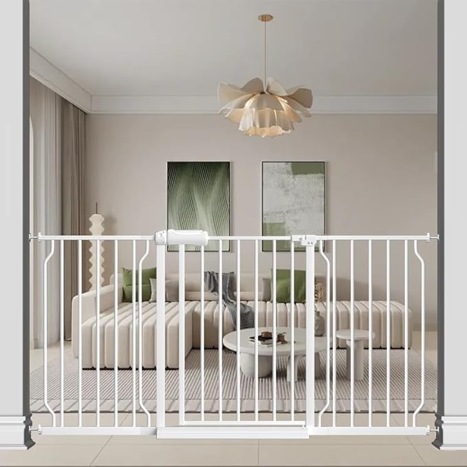 57.5"-62" Extra Wide Auto Closing Baby Safety Gate for Stairs & Doorways, Pressure Mounted No Drill Pet Gate with Walk-Through Door - Heavy Duty Childproof Gate for Toddlers, Kids, Dogs (White)-PurrikoPets