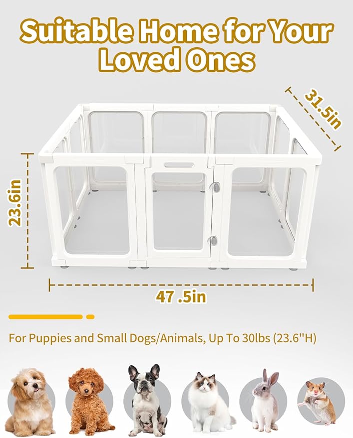Dog Playpen, Clear Acrylic Plastic Puppy Playpen Indoor, Pet Pen for Puppy Cat Bunny, Transparent Easy Assemble Foldable Whelping Box for Dogs, Puppy Playpen with Gate (23.6" Height, 10PCS)-PurrikoPets