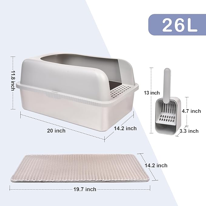 2 Pack Stainless Steel Cat Litter Box with Lid, 20" L x 14.2" W x 11.8" H, Extra Large Litter Box for Big Cats with High Sided, Anti-Urine Leakage, Easy Cleaning, Include Cat Mat and Scoop-PurrikoPets