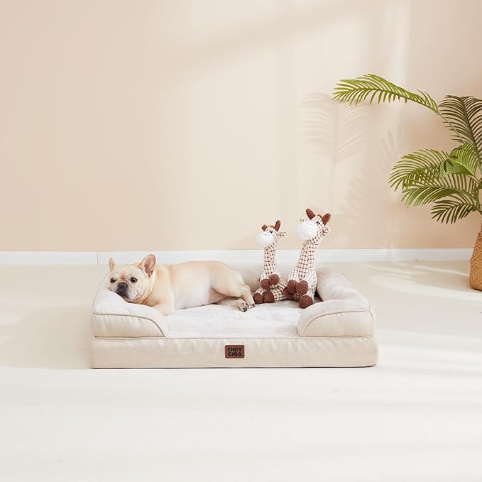 EHEYCIGA Orthopedic Dog Beds for Extra Large Dogs, Waterproof Memory Foam XL Pet Bed with Sides, Non-Slip Bottom and Egg-Crate Foam Big Dog Couch Bed with Washable Removable Cover, Beige-PurrikoPets