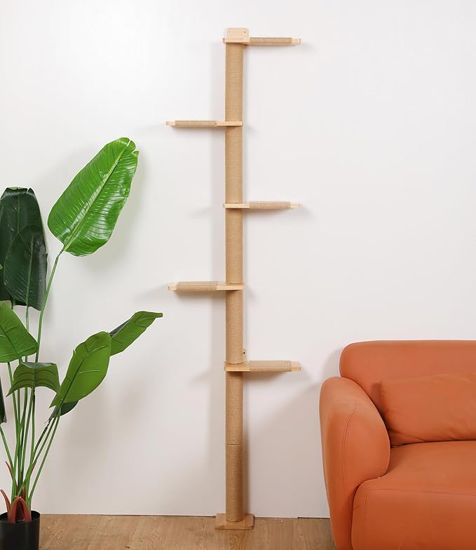 5 Tier Floor to Ceiling Cat Tree Tower with Wall-Mounted Scratching Post, Playful Wall Climbing Shelves for Cats, Ideal for Kittens to Climb, Scratch, and Lookout, Wild Simulation Design-PurrikoPets