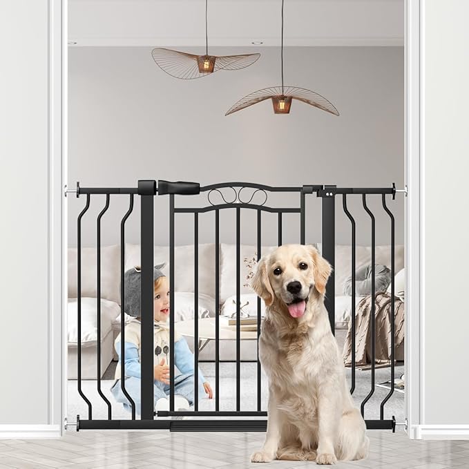 29.5-43.7" Wide Baby Gate for Stairs No Drilling, 30" Tall Metal Pet Baby Safety Gates with Expansion Kit, Press Mounted Pet Gate Indoor for Kids, Walk Through Dog Gates for Doorways, Black-PurrikoPets