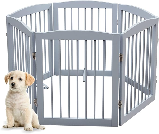 Freestanding Pet Gate for Dogs, Foldable Wooden Dog Gate for House, Extra Wide Indoor Pet Barrier for Stair, Doorway, Hall, Support Feet Included, 120 Inch Wide, 6 Panels 24", Grey-PurrikoPets