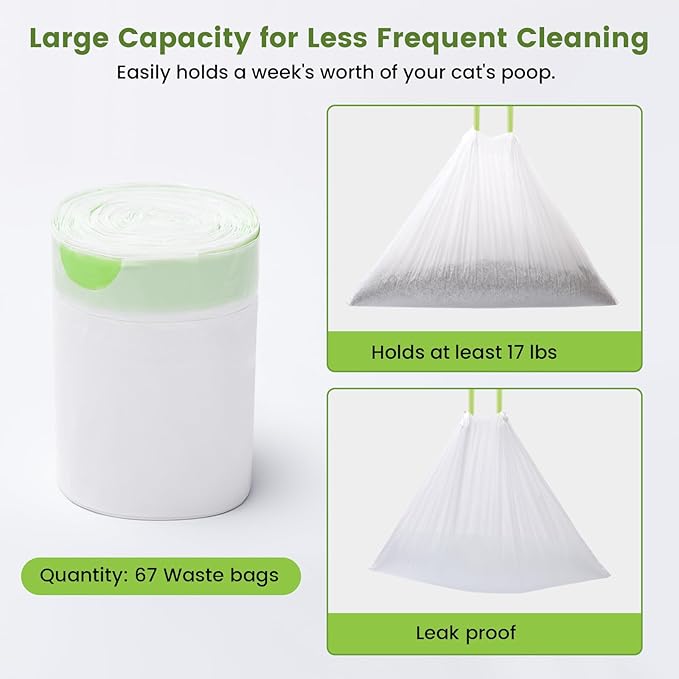 67 Count Waste Drawer Bags for Robot 3 4 and Compatible with Most Self Cleaning Litter Box & ScoopFree Clumping Poop Bin, 9 Gal Kitty Drawstring Liners Leak-proof Disposable Pet Trash Replacement Bags-PurrikoPets