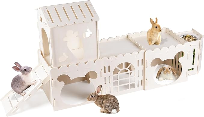Extra Large Rabbit House, Wooden Bunny House Hideout with 4 Houses and Hay Feeder Indoor, Rabbit Guinea Pig Hideout Multistory Climbing Tower Sturdy Wooden Castle, Small Animal Hideaway Tunnel-PurrikoPets