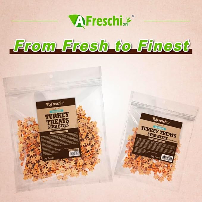 Afreschi Natural Turkey Treats Star Bites –6 oz, Hexagonal Shape, USA-Sourced Trukey, All-Natural, Hypoallergenic, Low-Fat, Healthy & Easily Digestible, Puppy & Training Snack & Small Dogs-PurrikoPets