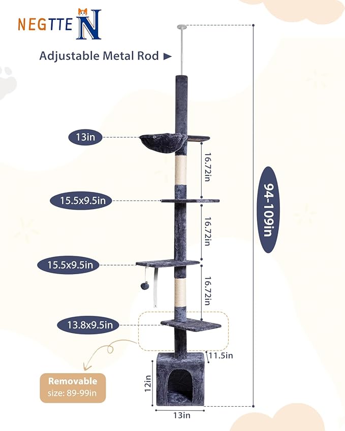 Floor to Ceiling Cat Tree, 5-Tier Height (95-109 inches) - Adjustable Cat Climbing Tower with Sisal Scratching Posts, Cat Condo, Hammock, Platforms, and Hanging Balls-PurrikoPets