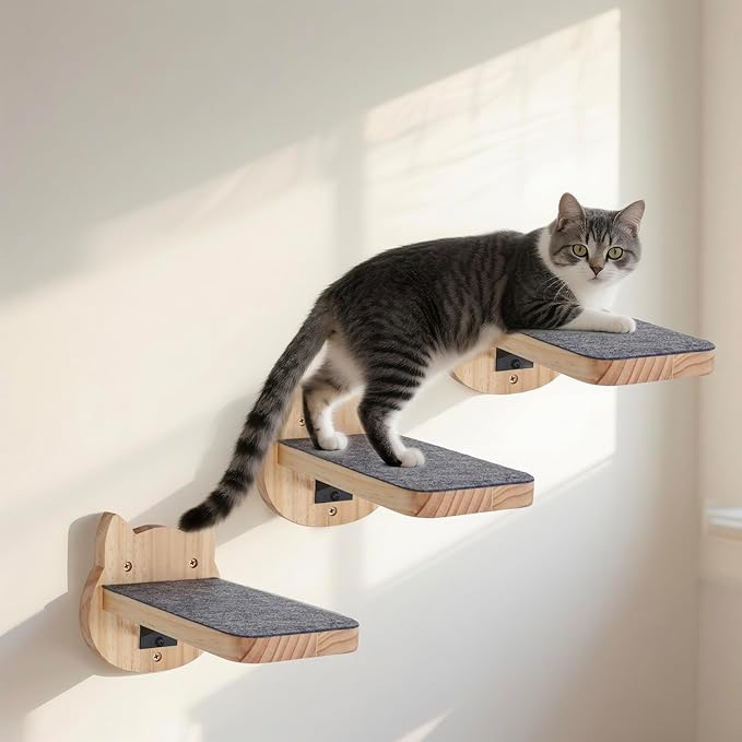 ESPETS Natural Solid Wood Cat Wall Floating Steps Set of 3 - Wall Mounted Wooden Cat Climbing Shelves and Perches, Kittty Stairs Ladder - Easy Install, Holds up 30lbs-PurrikoPets