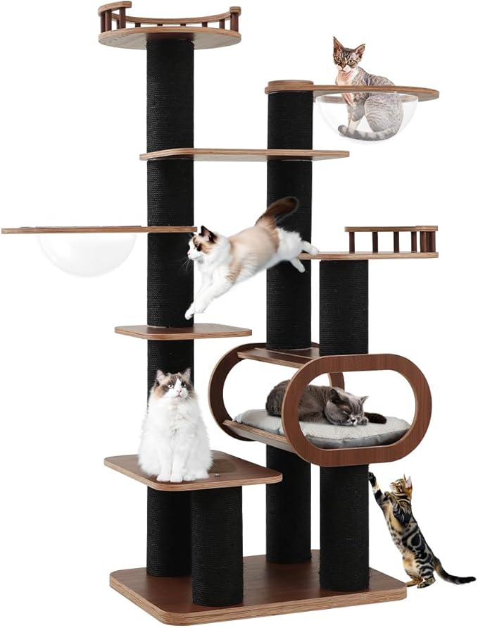 70.9'' Black Cat Tree for Indoor Cats Large Adult, Heavy Duty Cat Tower with Scratching Post, Modern Kitty Tree with Removable Mats, Semi-closed Condo and Transparent Bowl, Wooden Luxury Cat Furniture-PurrikoPets