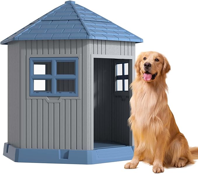 DRATO Dog House Indoor Outdoor Durable Large Dog Shelter with Outside Dog Kennel with Window and Elevated Floor for Small Medium Dogs (Blue, 34.8 * 30.51 * 36.89)-PurrikoPets