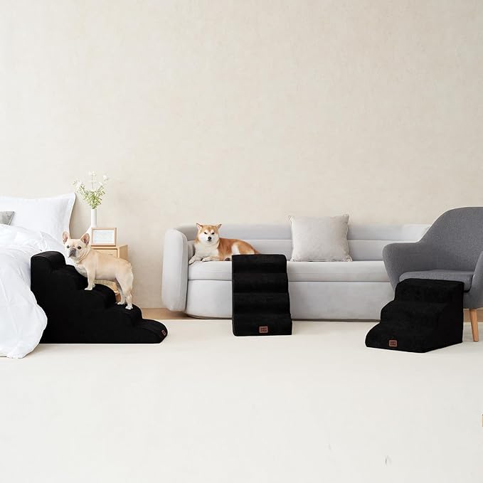 EHEYCIGA Curved Dog Stairs Ramp for High Beds 22.6" H, 5-Step Dog Steps for Small Dogs and Cats, Pet Stairs for High Bed Climbing, Non-Slip Balanced Pet Step Indoor, Black-PurrikoPets