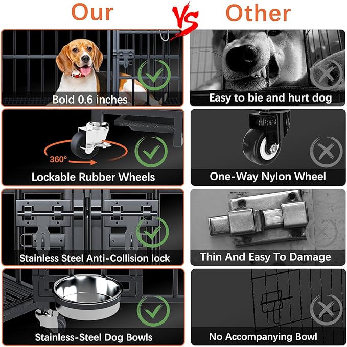 aboxoo 48/42 inch XL Dog Crate for Large Dog/Double Medium Dogs,Heavy Duty Metal Dog Cages,All Metal Open Top,Dog Kennel Indoor with Wheels,Floor Grid, Tray, Divider and Feeding Bowl-PurrikoPets