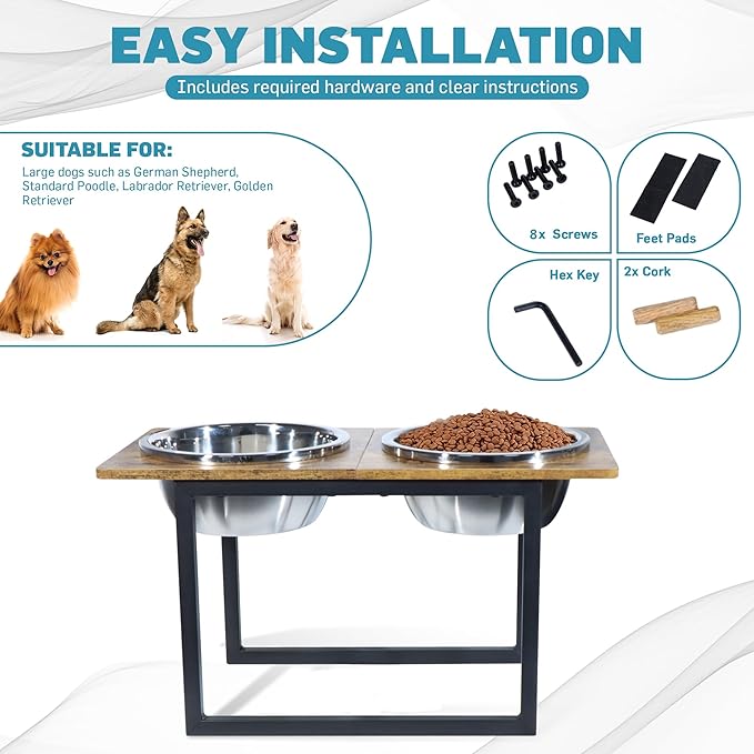 Elevated Dog Bowls for Large & Extra Large Breed Dogs - Raised Dog Feeding Station with Two Stainless Steel Bowls - Helps to Reduce Strain on Dog’s Neck & Joints - 3500 ML Capacity-PurrikoPets