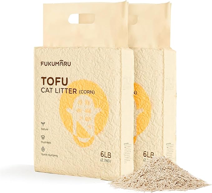 FUKUMARU Tofu Cat Litter, 12lb Clumping Litter for Cats, Mixed Corn Pellets, Dust-Free and Easy Clumping, Odour Control, Flushable, Low Residue-PurrikoPets