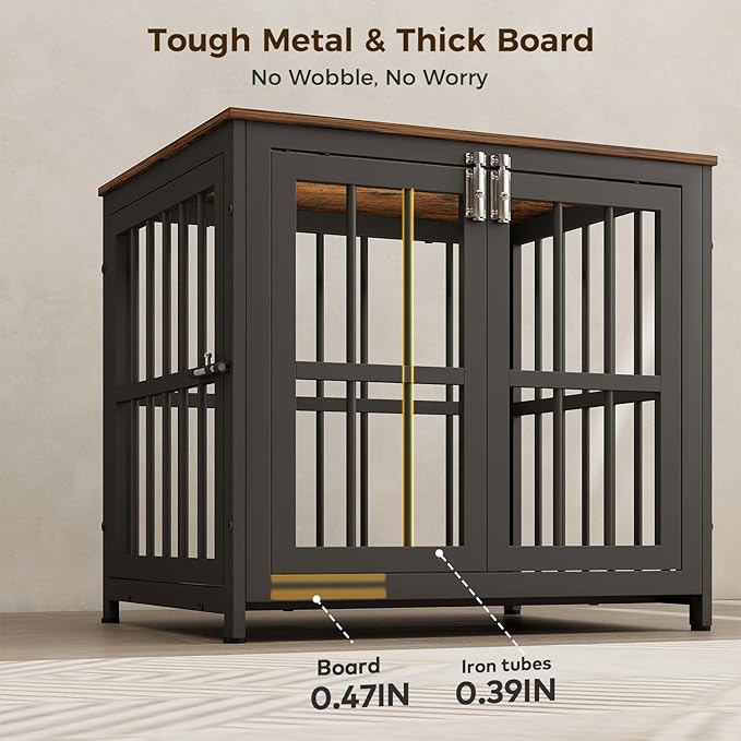 26 Inch Heavy Duty Wooden Dog Kennel End Table with Double Door Design and Secure Locks, Indoor Pet Crate Furniture for Small Dogs, Decorative Home Cage Design,Aged Black-PurrikoPets