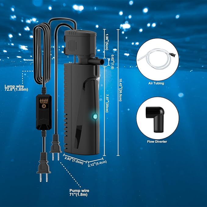 Fish Tank Filter with U - V Light & Timer (3/6/12/24 Hours) for Green Water Cleaning, Aquarium Filter with Aeration Turtle Tank Filter with Pre-Filter Sponge for Tanks 70-100 Gallon-PurrikoPets