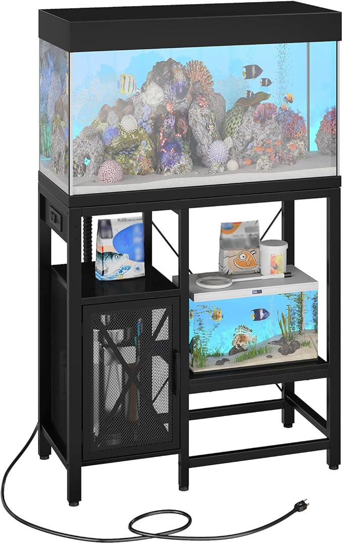 20-37 Gallon Fish Tank Stand, Aquarium Stand with Power Outlet and Storage Cabinet, Heavy Duty Tank Stand Suitable for Turtle Tank, Reptile Terrarium, for Home Office, Black FTHB40E01-PurrikoPets