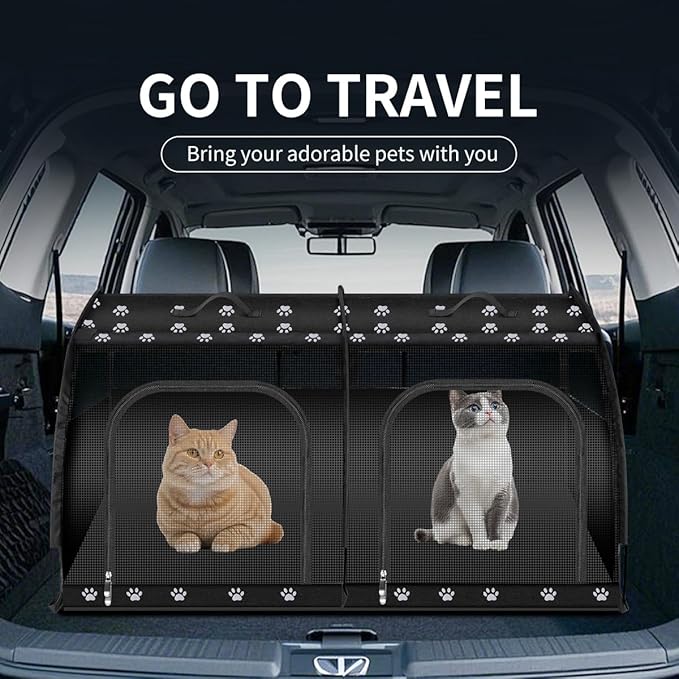 Double Cat Car Travel Carrier, Twin Compartment Show House Cat Cage/Condo,Portable Pet Crate for 2 Cats Travel Double Dog Crate Set for Long Distance Travel-PurrikoPets