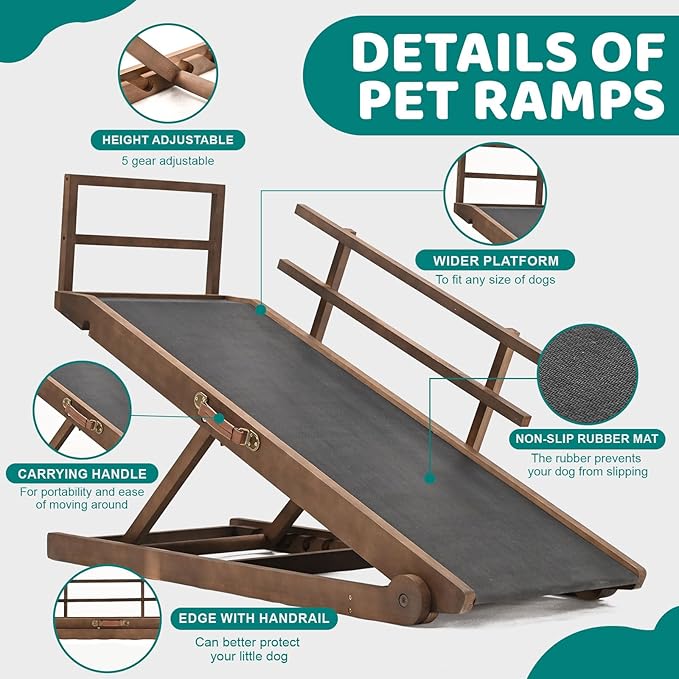 Dog Ramp for Bed, Adjustable Pet Ramps for Dog to Get on Bed, Non-Slip Rubber Surface - Folding Wooden Dog Ramp for Small/Large/Old Dogs, Adjustable up to 31 inch High Beds, Safety Railings-PurrikoPets