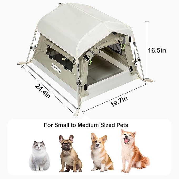 Dog Tent Cotton Fabric, Aluminum Poles and Camping Mat, Outdoor Weatherproof, Dog House Outdoor, Breathable with 2 Side Windows, Portable and Collapsible (Gray, Small)-PurrikoPets