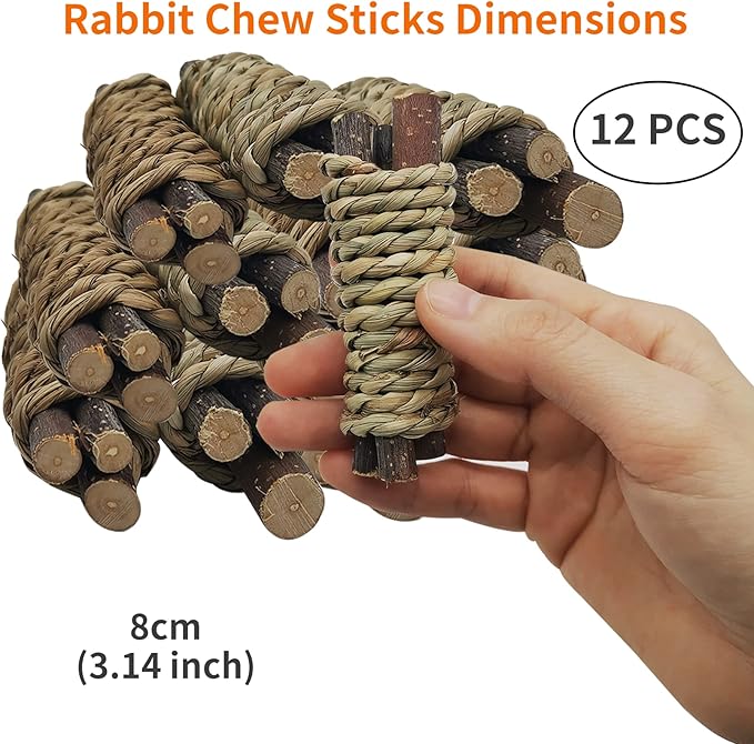 Fhiny 12 PCS Guinea Pigs Chew Toys, Natural Apple Branch Seagrass Molar Sticks for Teeth Bunny Chew Toys Cage Accessories for Guinea Pigs Rabbit Bunny Hamster Chinchilla-PurrikoPets