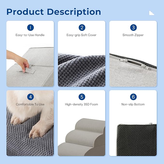 Dog Stairs Ramp for Bed 19.7" H - Pet Stairs for Small to Medium Dogs to Get on Bed and Couch, 35D Foam Dog Steps with Non-Slip Bottom Grey, 4 Steps-PurrikoPets