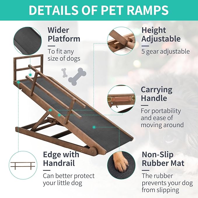 Dog Ramp, 5 Level Adjustable Height Folding Pet Ramp for High Bed, Portable Paw Ramps Large Bed Ramp for Medium & Large Old Dogs & Cats - Natural Wood Furniture Quality-PurrikoPets
