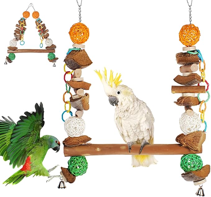 3-in-1 Parrot Toys Natural Coconut Fiber Parrot Hammock (Swing + Perch + Chew Toy) Natural Bird Perches for Medium Large Birds - 23" Bird Toys for Parrots Stand-PurrikoPets