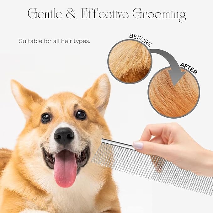 Flexzion Pet Grooming Comb Stainless Steel Cats Dogs Puppy Medium Animals Hair Fur Trimmer Deshedding Brush Accessory Tool with Smooth Teeth Needle Durable Lightweight-PurrikoPets