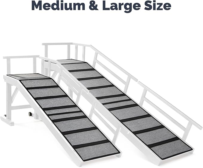 Dog Ramp for Bed or Couch, Wooden Pet Ramp with 20° Gentle Slope, Removable Side Rails, Non-Slip Surface, Top Platform & Wheels, Safe Bed Ramp for Small, Medium & Senior Dogs, 74" Long, White-PurrikoPets
