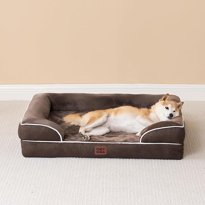 EHEYCIGA Orthopedic Dog Beds for Extra Large Dogs, Waterproof Memory Foam XXL Dog Bed with Sides, Non-Slip Bottom and Egg-Crate Foam Big Pet Couch Bed with Washable Removable Cover, Brown-PurrikoPets
